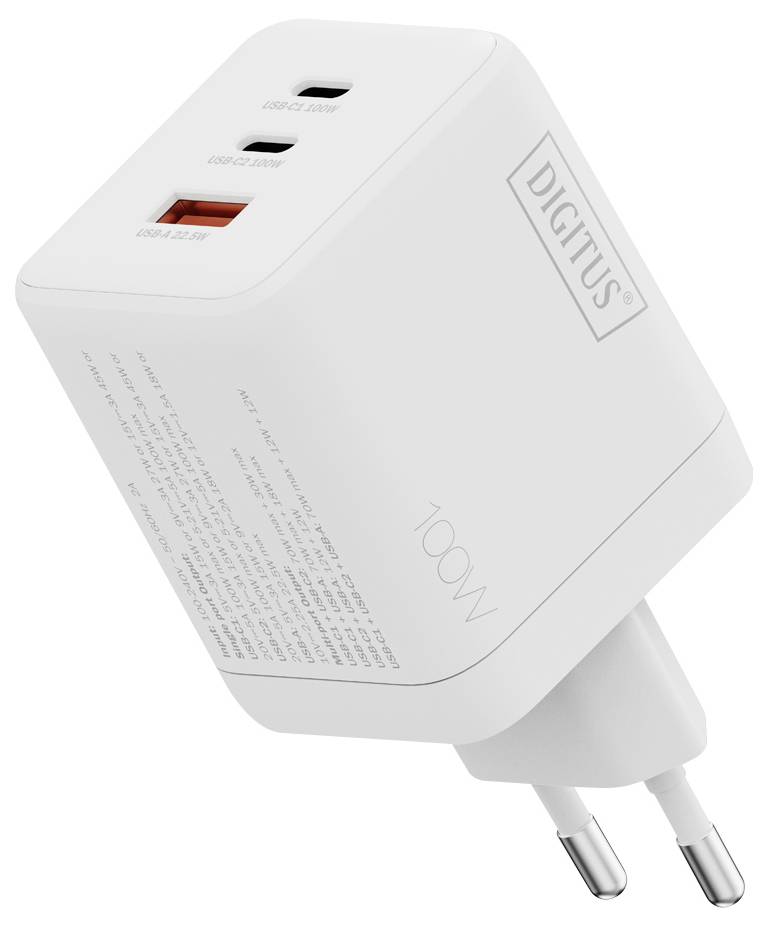 Witte USB GaN-lader met drie poorten; inclusief USB-C en USB-A poorten. Het label toont laadspecificaties en veiligheidspictogrammen.