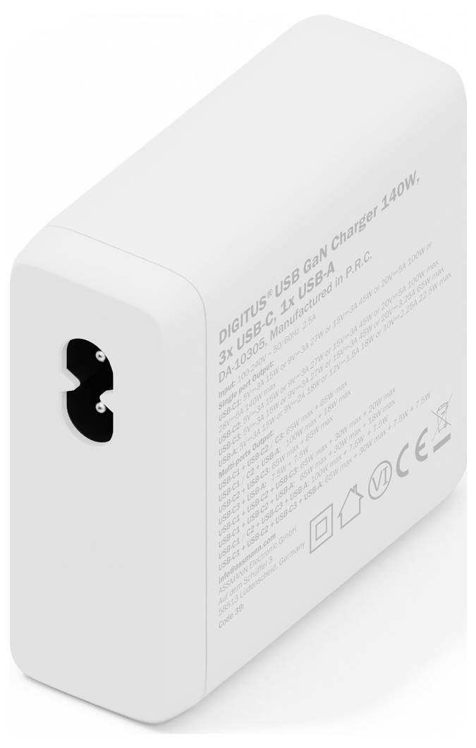 Witte USB GaN-lader met 'DIGITUS USB GaN Charger 140W, 3x USB-C, 1x USB-A' tekst. Verticaal gepositioneerd, met specificaties zichtbaar.