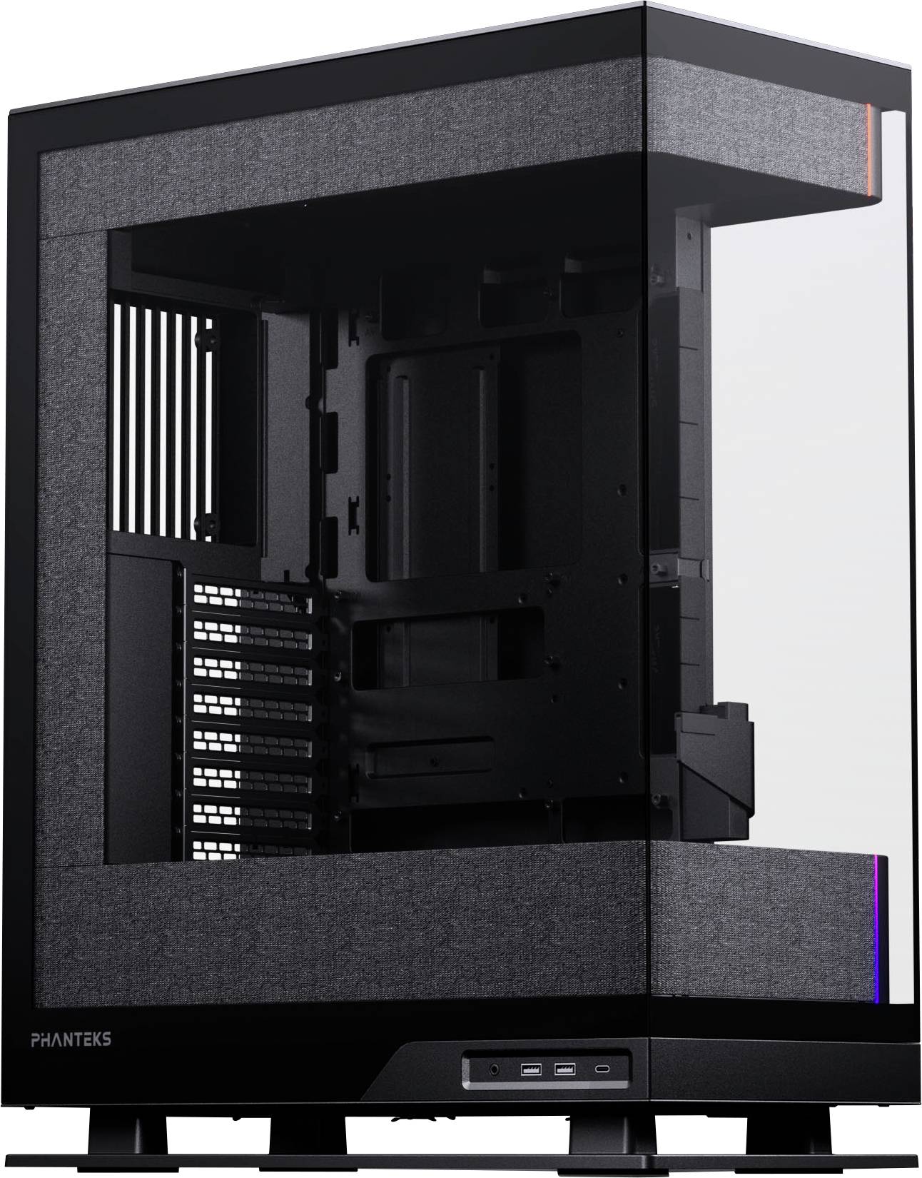 'Een zwarte en grijze computertorenkast met een transparant zijpaneel en een minimalistisch ontwerp, geschikt voor aangepaste PC-bouwsels.'