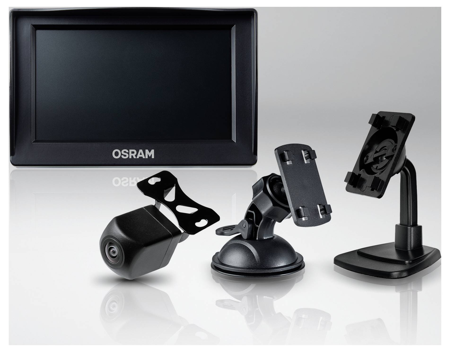 'OSRAM' branding op een digitaal display, met een kleine camera en twee bevestigingsklemmen op de voorgrond, ontworpen voor bevestigingsdoeleinden.