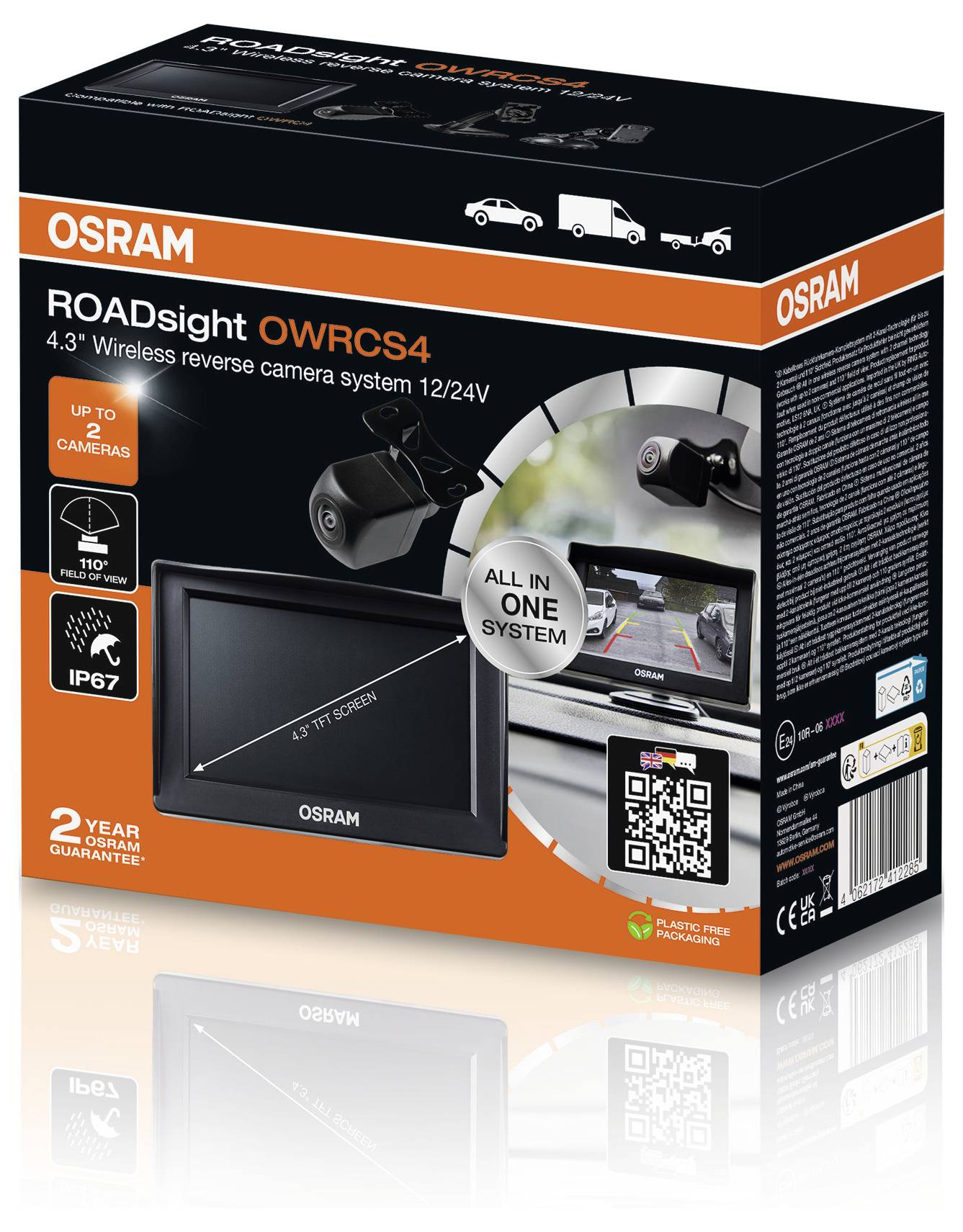 Osram ROADsight OWRC4S doos met een draadloos achteruitrijcamerasysteem met een 4,3-inch scherm, geschikt voor 12/24V, met IP67-classificering.