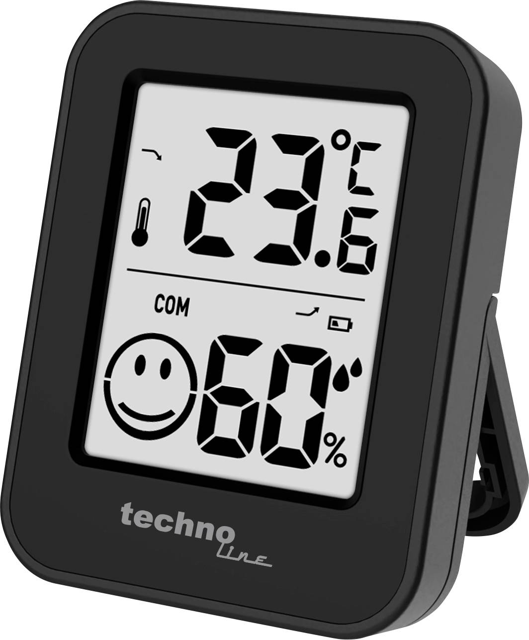 Digitale thermo-hygrometer met een weergave van 23,6°C en 60% luchtvochtigheid, met een lachend comfortindicator.