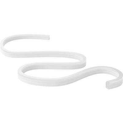 Een wit, flexibel S-vormig plastic object op een eenvoudige achtergrond.