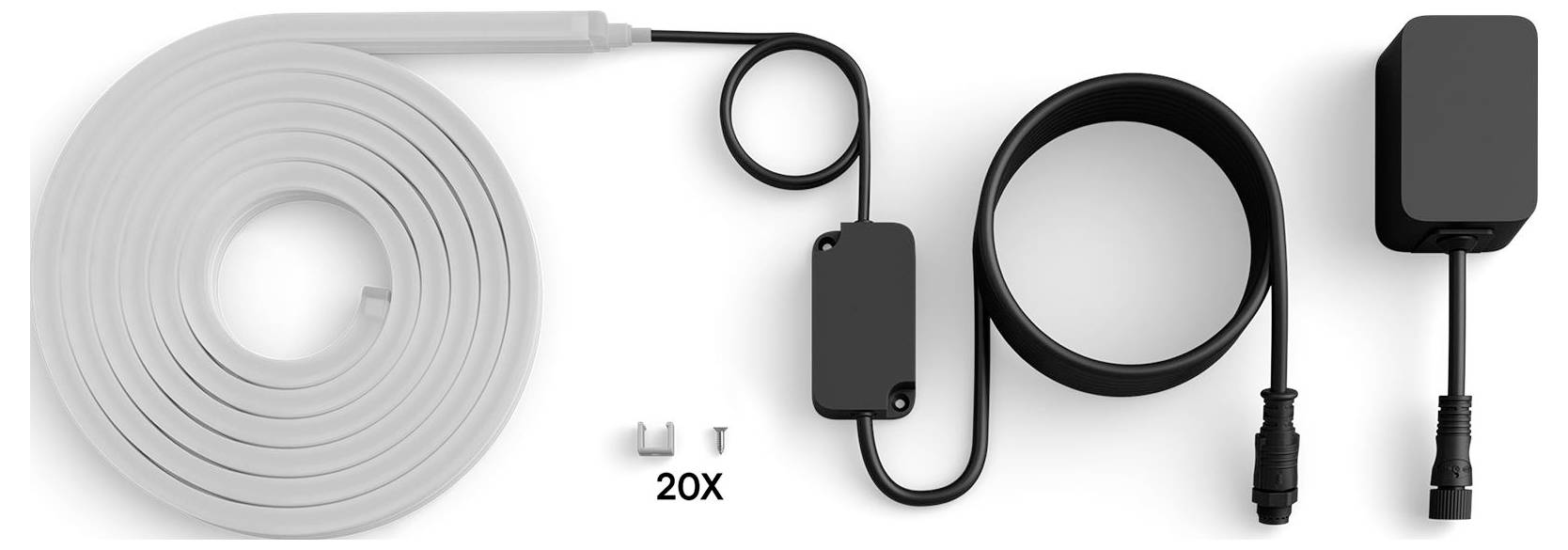 'LED-lichtstrook-set inclusief een lange strip, connectoren en een stroomadapter; ideaal voor aanpasbare verlichtingsopstellingen.'