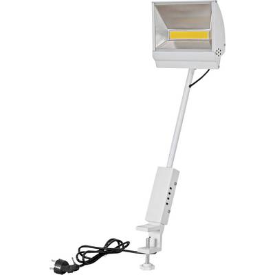 Verstelbare bureaulamp met een klemvoet, verlengde arm en rechthoekig lichtarmatuur, ontworpen voor gerichte werkruimteverlichting.