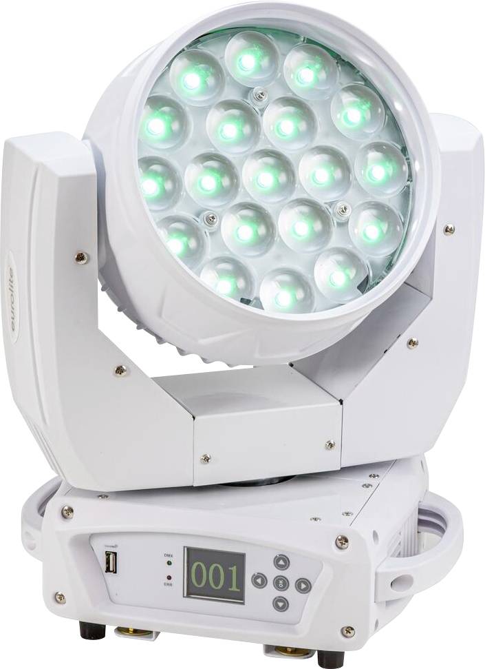 Een witte podiumverlichting met groene LED-lampen, met een bedieningspaneel met '001' op een digitaal display.