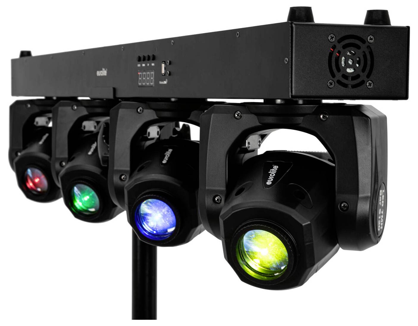 Vier podiumverlichting met zwarte behuizing, gemonteerd op een horizontale balk. Elk licht geeft een ander gekleurde lichtstraal af: rood, groen, blauw, geel.