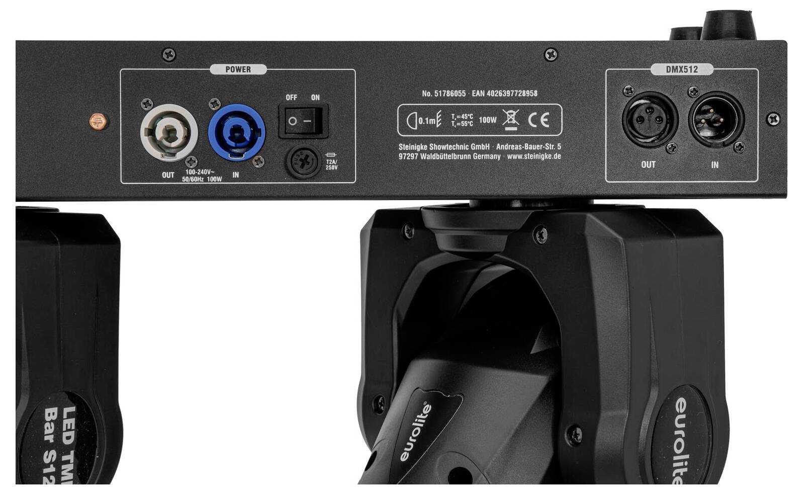 'Achterpaneel van verlichtingsapparatuur met stroomtoevoer- en DMX512-aansluitingen, schakelaars en modelinformatie. Eurolite-merklabel zichtbaar.'