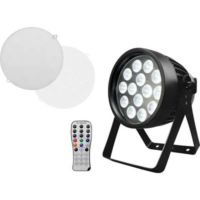 Een podiumlicht met meerdere LED-lampen wordt getoond, vergezeld van een afstandsbediening en twee ronde diffusorfilters.