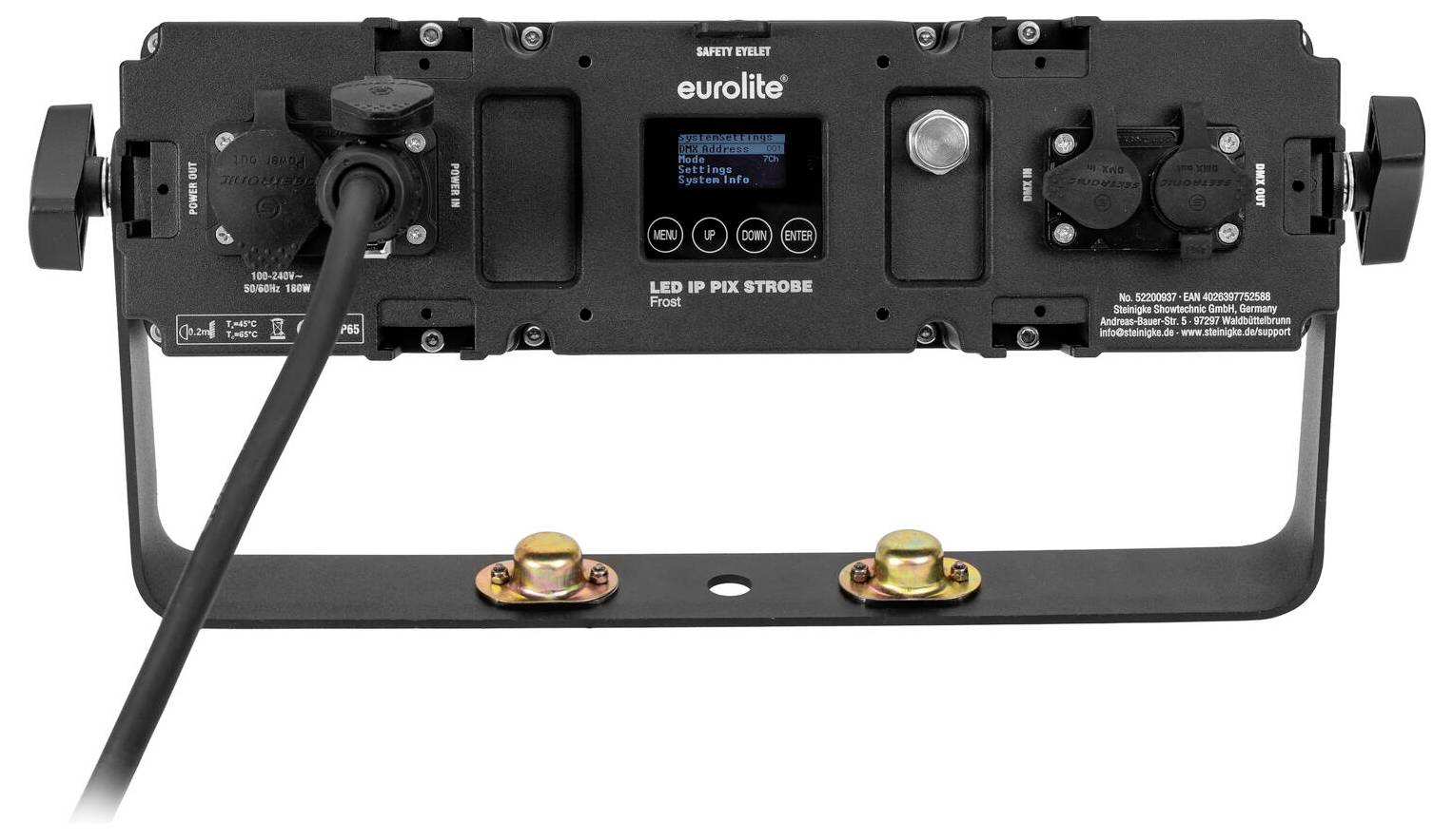 'Eurolite LED IP PIX Strobe' verlichtingsapparaat, achteraanzicht met stroomingang, bedieningspaneel met display en bedieningselementen, en montagebeugel.