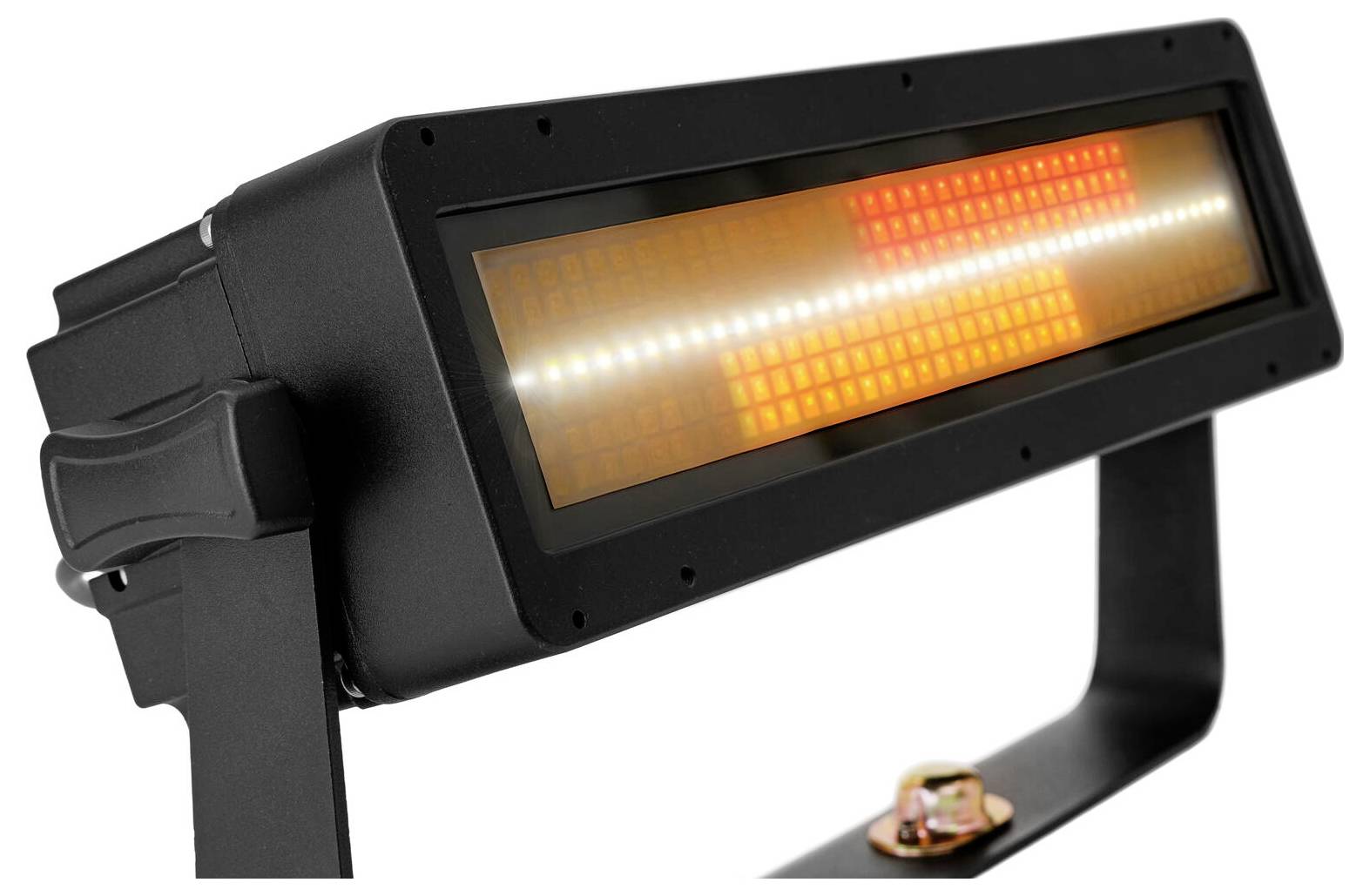 Rechthoekige infraroodverwarmer met gloeiende spiralen, gemonteerd op een zwart beugel, ontworpen voor buitengebruik om warmte te verschaffen.