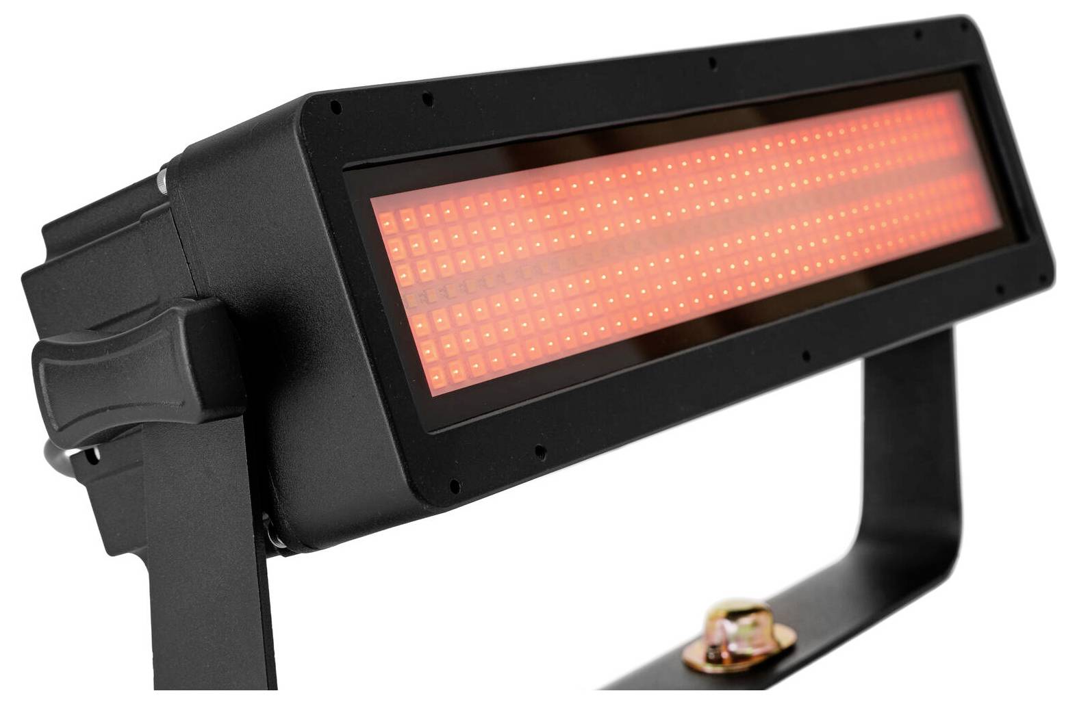 Een zwarte LED-groeilamp met rood verlichte diodes, gemonteerd op een beugel, naar beneden gericht voor plantenverlichting.