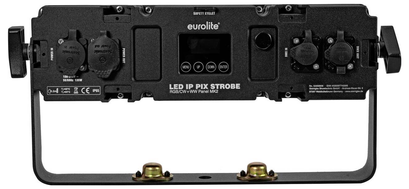 'Eurolite LED IP Pix Strobe' lichtpaneel, achteraanzicht met knoppen, connectoren en bevestigingsbeugel voor professioneel verlichting.