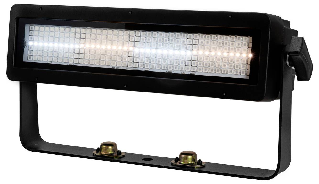 LED-podiumverlichting met een rechthoekige lichtenarray in een zwarte behuizing, gemonteerd op een beugel.