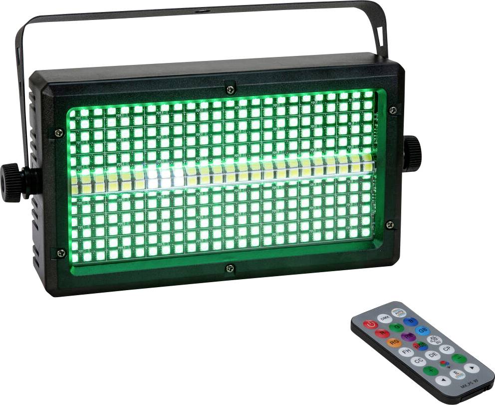 'Een zwart LED-podiumlicht met een roosterpatroon dat groen licht uitstraalt, vergezeld van een afstandsbediening met gekleurde knoppen.'