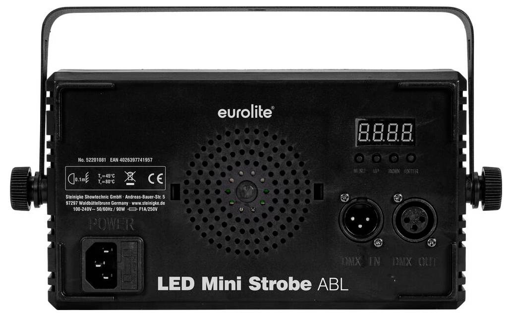 'Eurolite LED Mini Strobe ABL' lichtarmatuur met connectiviteitspoorten, stroominschakelaar en weergavescherm op het achterpaneel.