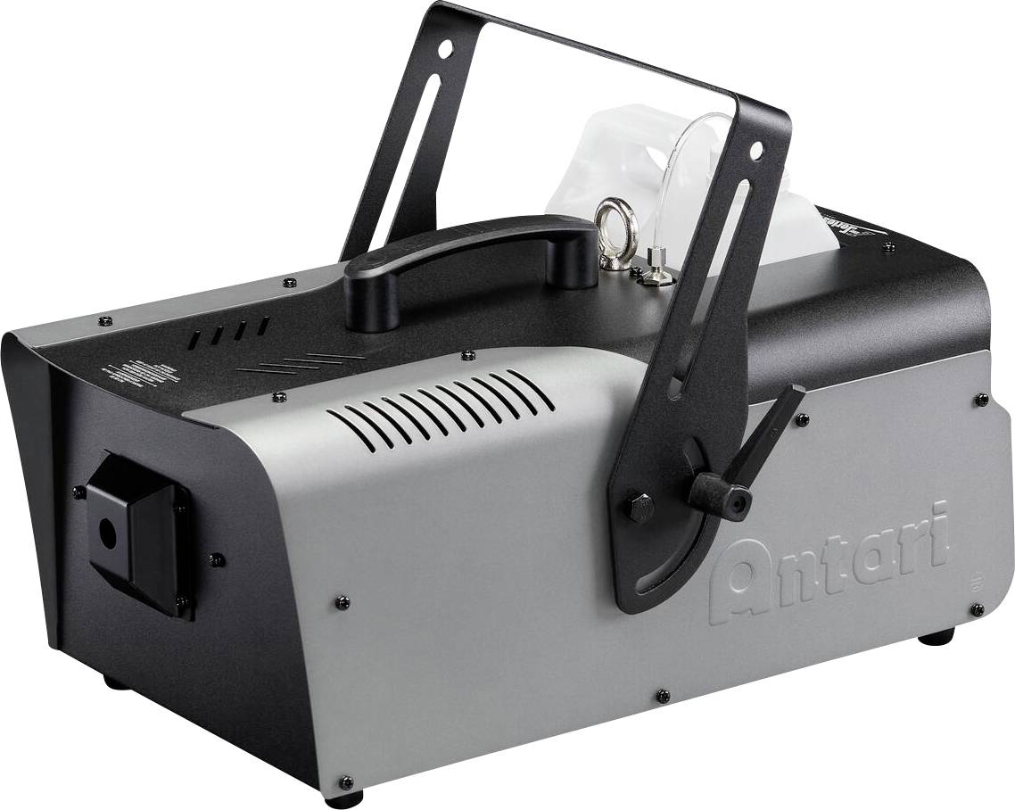Een zwart en grijs rookmachine met een handvat en ventilatieopeningen, gelabeld 'Antari', gebruikt voor het creëren van atmosferische effecten bij evenementen of producties.