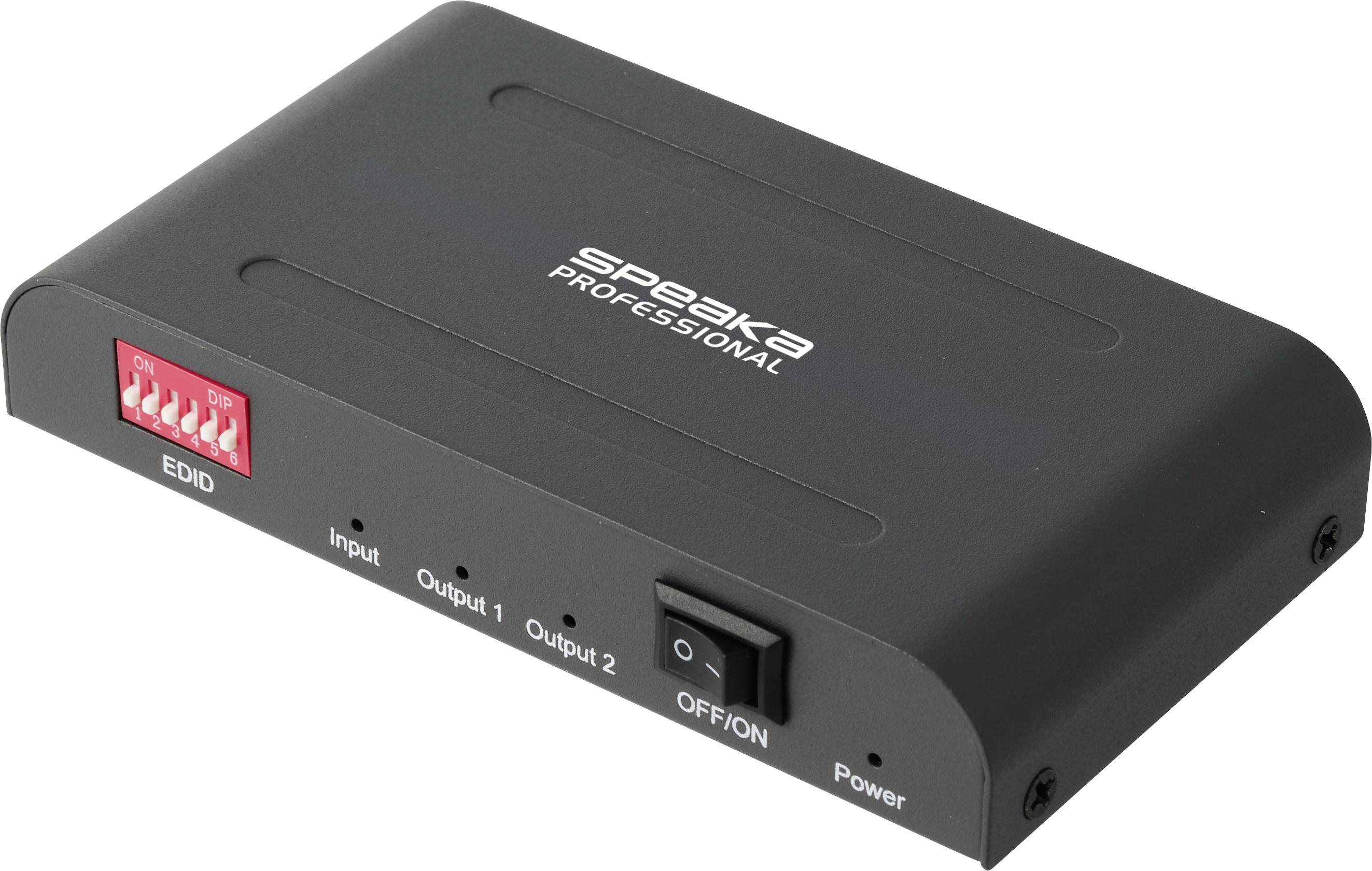 Professionele HDMI-splitter Black Speaker met DIP-schakelaars, ingang-/uitgangspoorten en aan-/uit-schakelaar.
