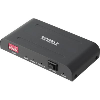 Professionele HDMI-splitter Black Speaker met DIP-schakelaars, ingang-/uitgangspoorten en aan-/uit-schakelaar.