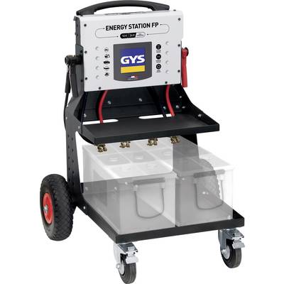 'Energy Station FP' op wielen met handvat, voorzien van aansluitingen voor 12V en 24V-verbindingen, weergegeven met acugrafische overlay.