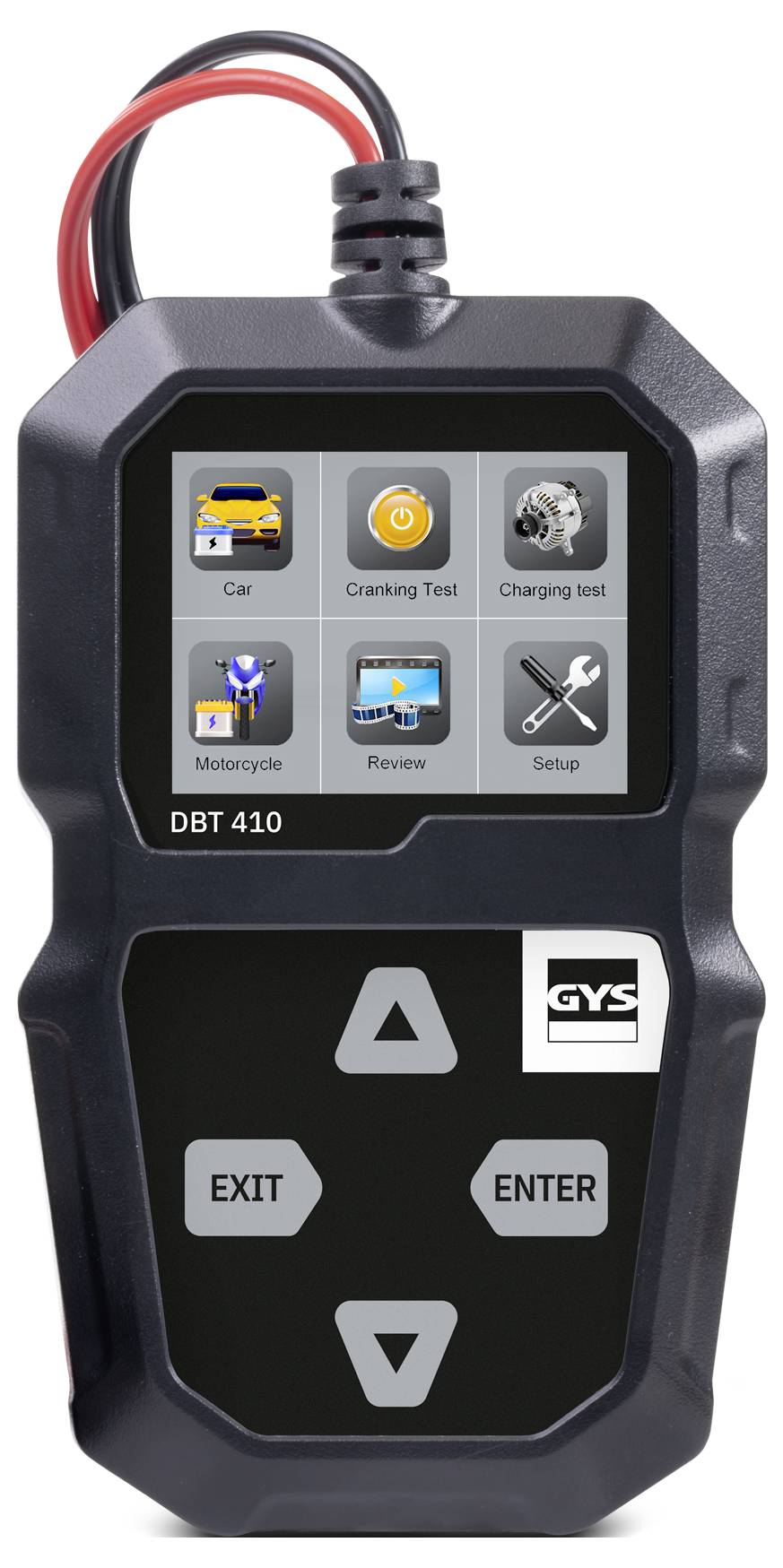 Een digitale batterijtester met een scherm dat pictogrammen weergeeft voor verschillende tests: auto, starttest, laadtest, motorfiets, overzicht en instellingen.