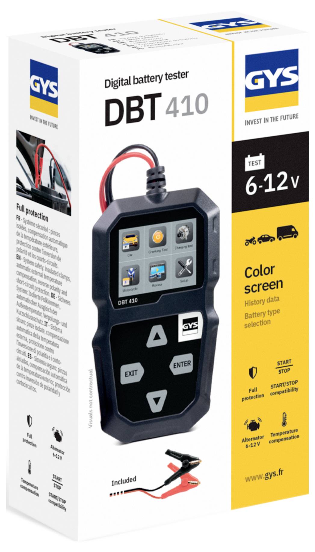 **Digitale batterijtester DBT 410** met apparaatafbeelding. Functies: geschiedenisgegevens, selectie battrijtype. Bereik 6-12V, kleurenscherm.