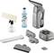 Raamreiniging set inclusief handheld stofzuiger, sprayfles met microvezelpads, reinigingsvloeistof, lader en accessoires.