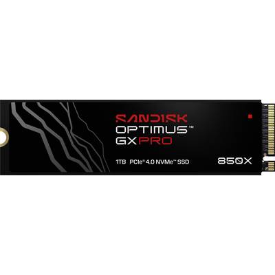 SanDisk Optimus GX Pro SSD, 1TB PCIe 4.0 NVMe, model 850X, zwart met wit/rood tekstwerk en abstracte witte patronen aan de linkerkant.
