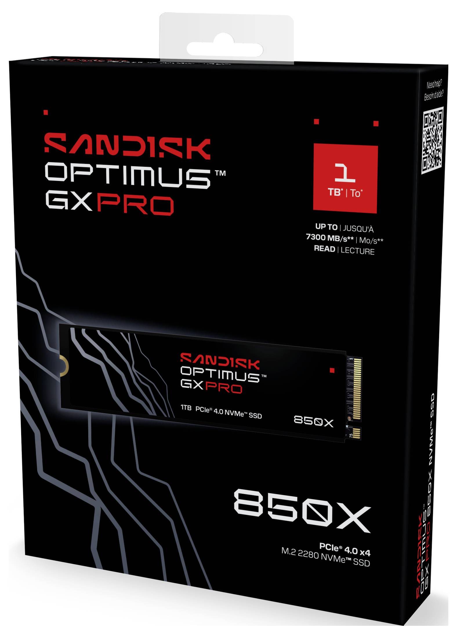 'Sandisk Optimus GX Pro 850X' NVMe SSD-verpakking met 1TB capaciteit, PCIe 4.0 x4 interface, leessnelheid tot 7300 MB/s.