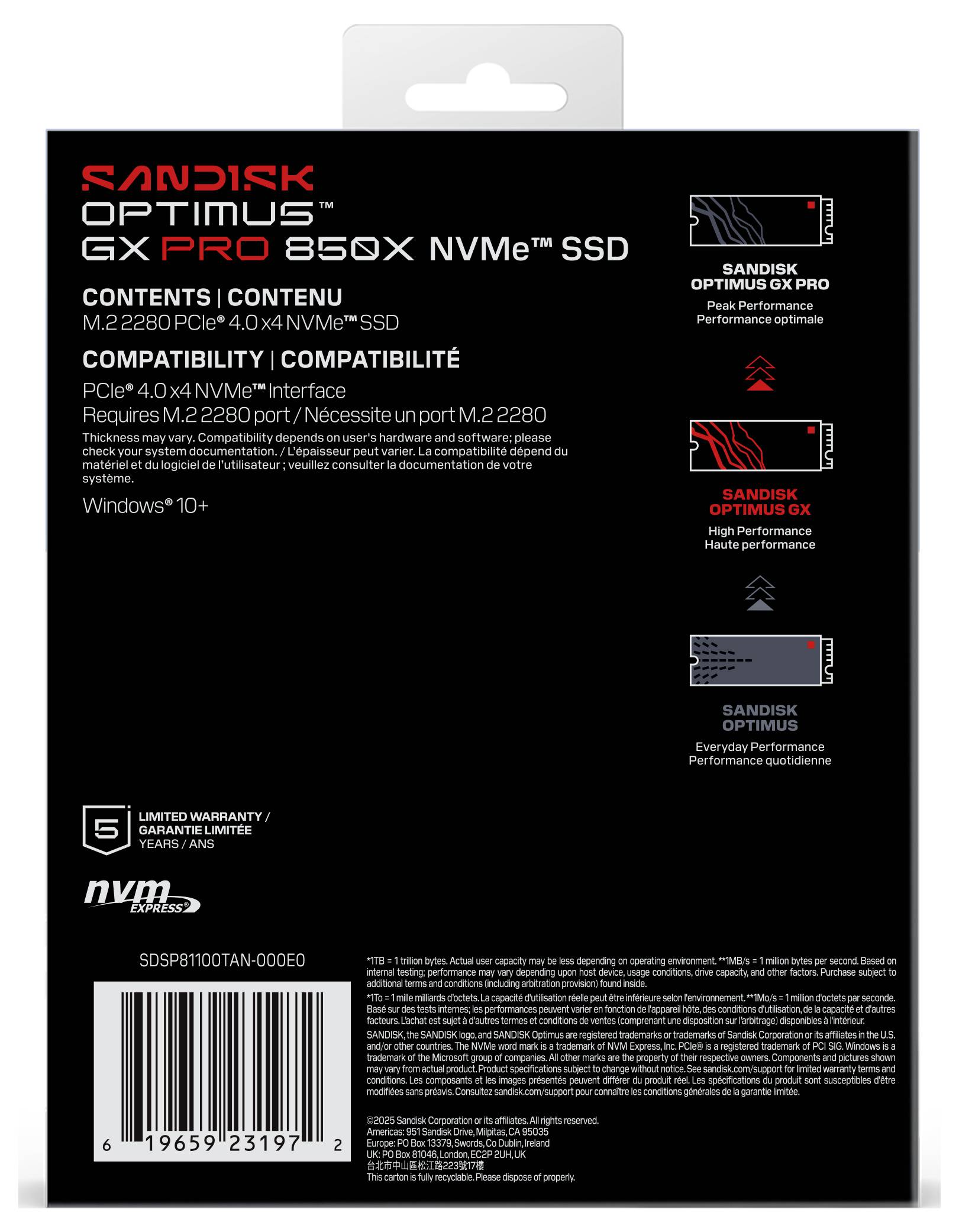 De afbeelding toont de achterkant van de verpakking van een SanDisk GX PRO 850X NVMe SSD, met details over productcompatibiliteit en garantieinformatie.