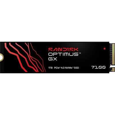'SanDisk Optimus GX 1TB PCIe 4.0 NVMe SSD met een zwart en rood ontwerp, modelnummer 7100, weergegeven vanuit een bovenaanzicht.'