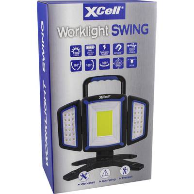 'XCell Worklight SWING' verpakking met een veelzijdig werk- en campinglicht met meerdere LED-panelen, verstelbare hoeken en USB-C.