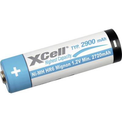 Een cilindrische XCell-batterij met het label 'Hoogste Capaciteit', 'Typ. 2900 mAh', 'Ni-MH HR6 Mignon 1.2V Min. 2720mAh', met een positieve pool.