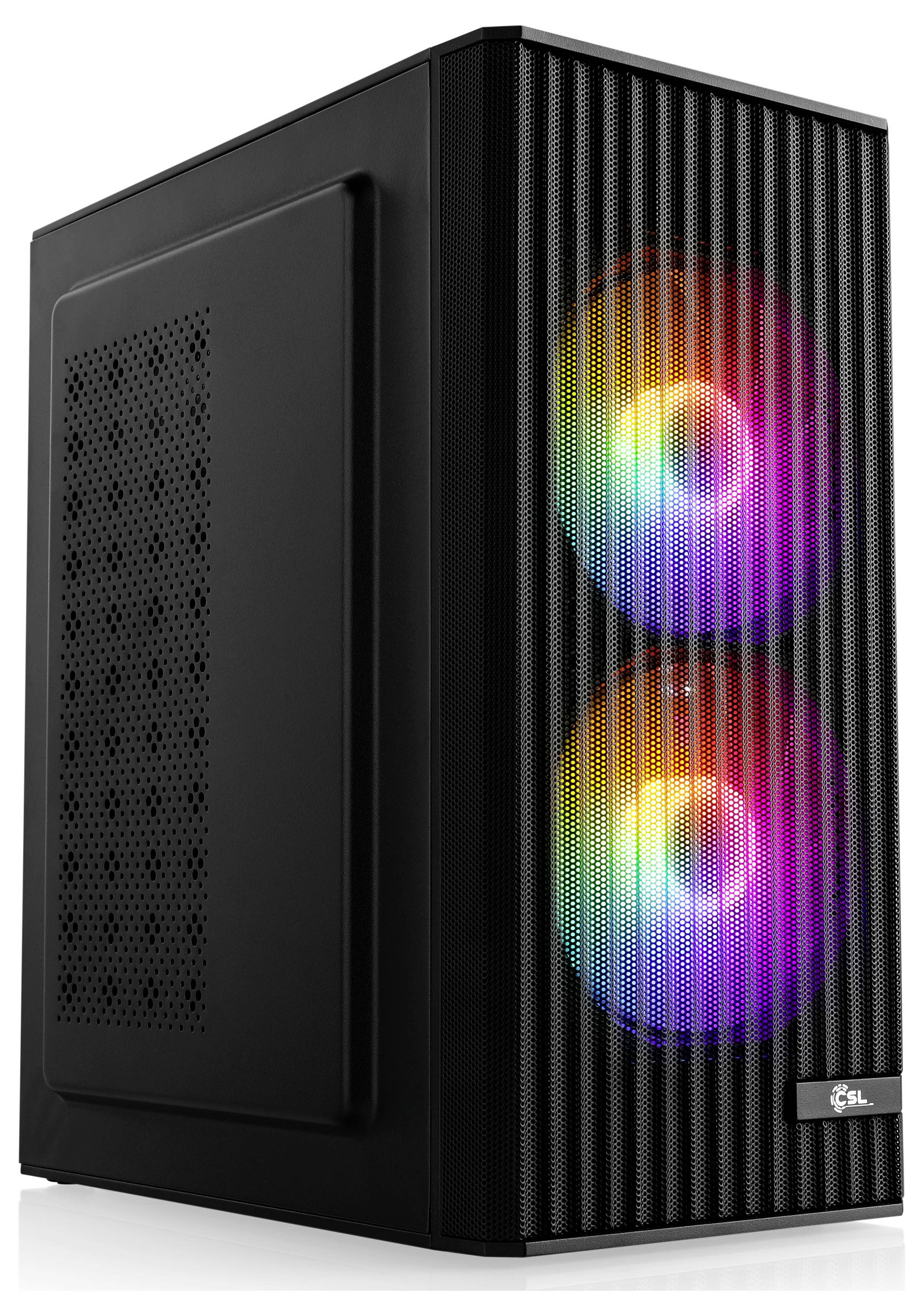 Een zwarte desktopcomputerkast met twee regenboogkleurige LED-ventilatoren op het frontpaneel.