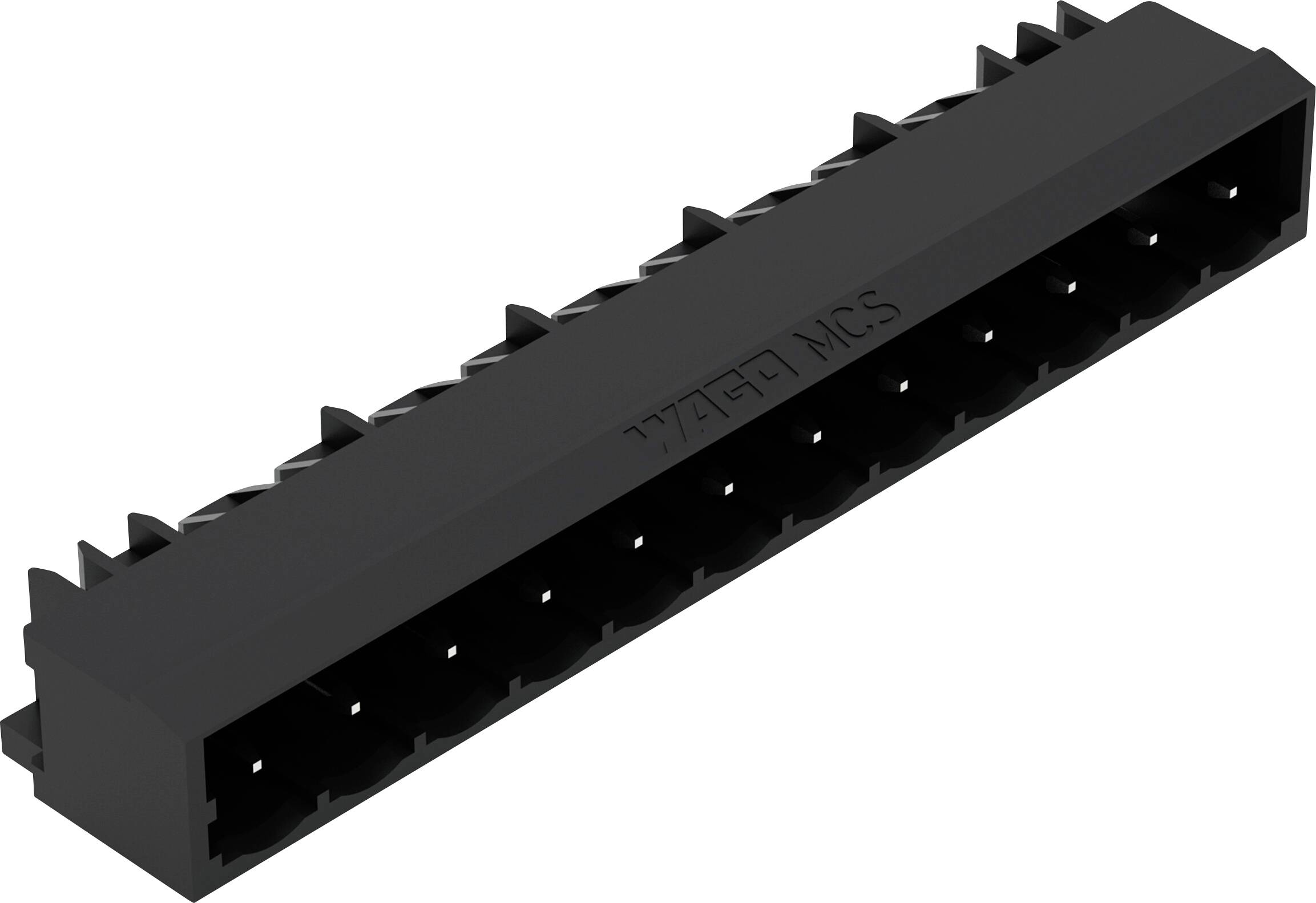'Würth 1776121' MCS-connector, zwart, met meerdere pinsleuven voor elektronische verbindingen, geïsoleerd tegen een witte achtergrond.