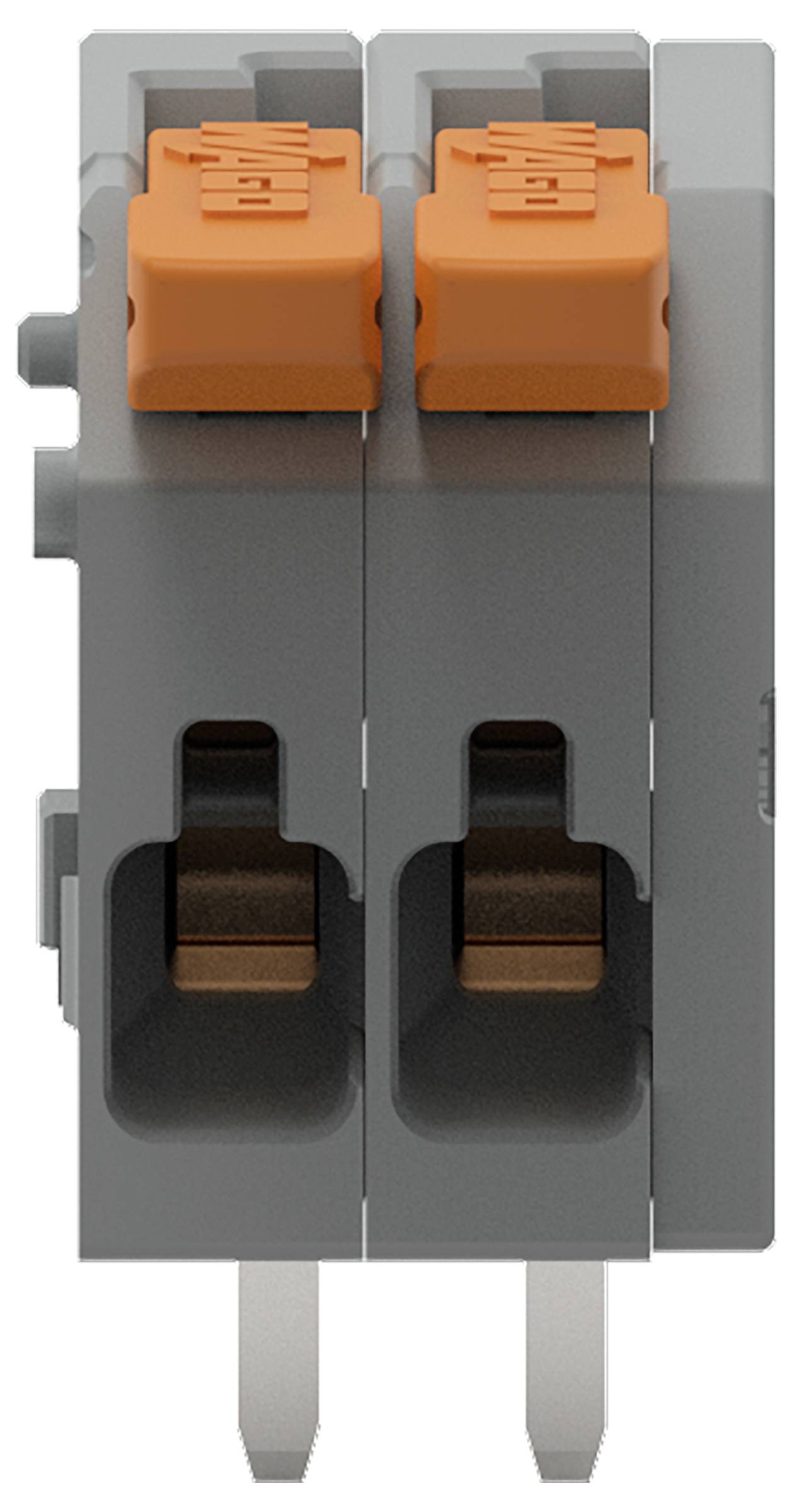 Een grijze dubbele elektrische connector met oranje hendels bovenop, gebruikt voor het verbinden van draden in elektrische installaties.