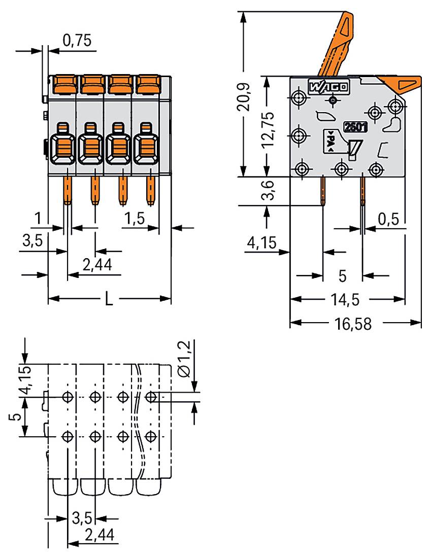 'Schematische tekening van elektrische component met afmetingen: 20,9 mm hoogte, 14,5 mm breedte, 16,5 mm lengte. Kenmerken zijn onder andere meerdere aansluitingen.'