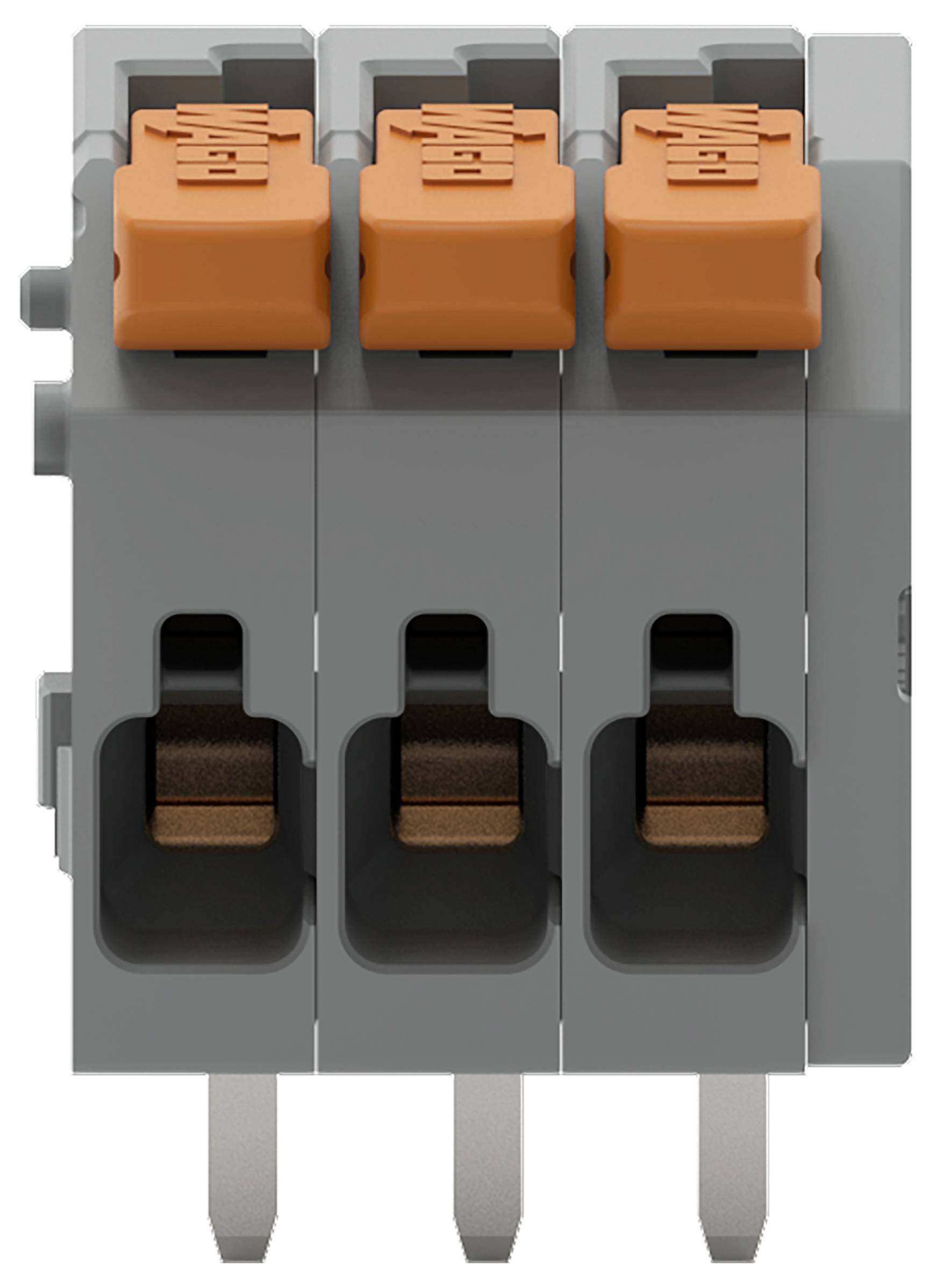 Drie grijze en oranje elektrische connectors verticaal uitgelind, ontworpen voor veilige draadverbindingen.