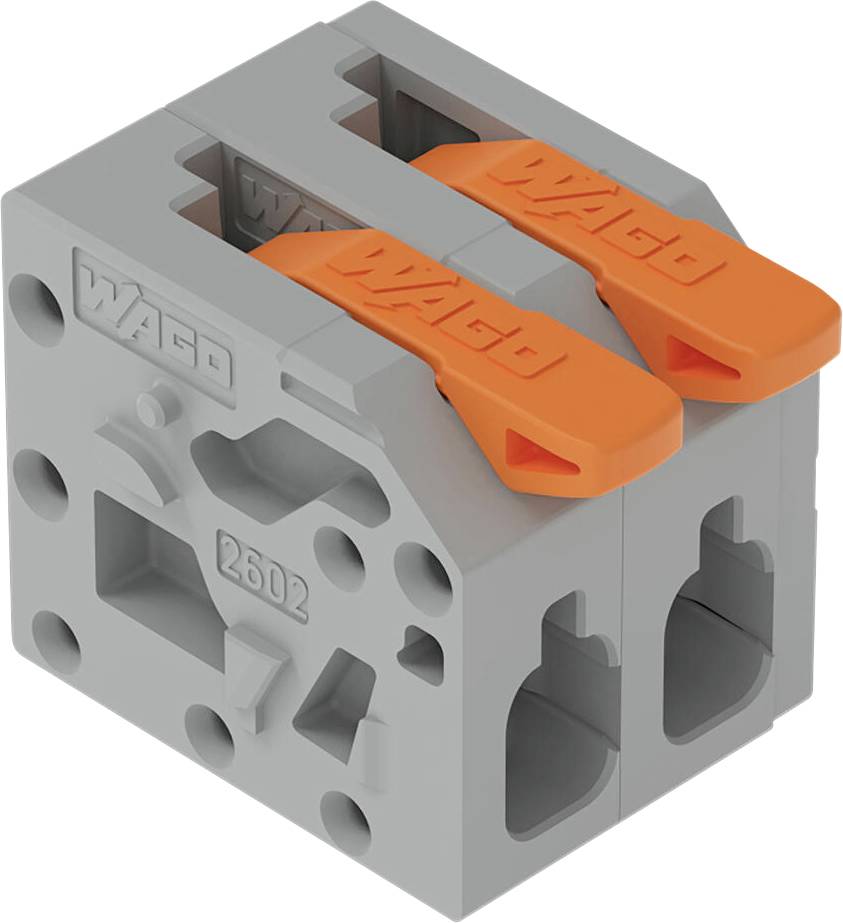 Een grijze WAGO-tweepoorts elektrische draadconnector met twee oranje vergrendelingsheffen op een witte achtergrond.