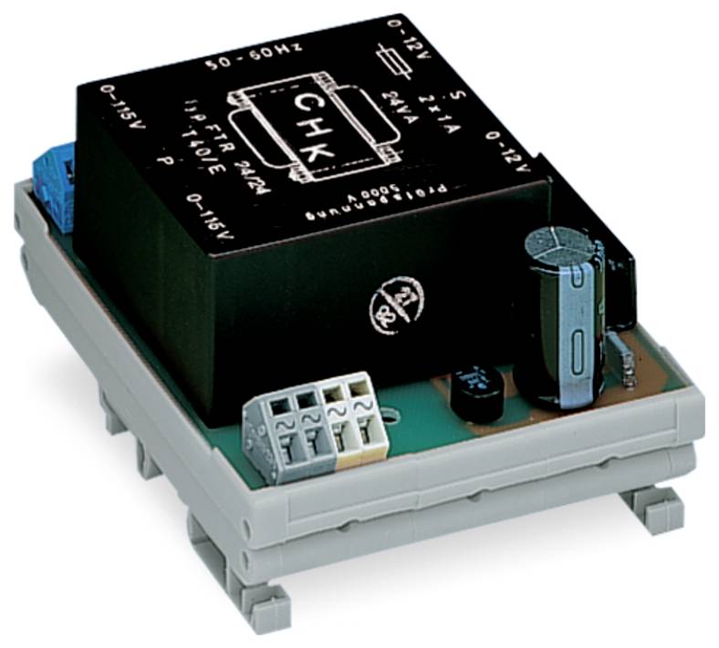 Een kleine elektronische PCB met een zwarte rechthoekige component met het label 'CHK' erop, voorzien van meerdere connectors en een condensator.