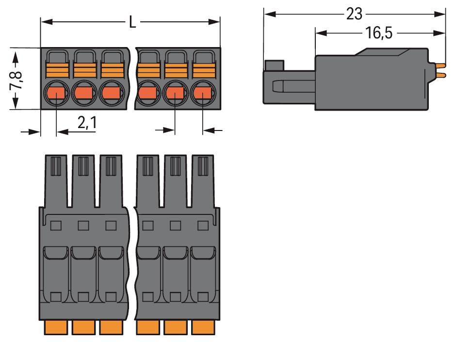'Driepolige connectorafmetingen: Lengte (L) niet gespecificeerd, breedte 2,1 mm, hoogte 7,8 mm, zijaanzicht breedte 23 mm, diepte 16,5 mm.'