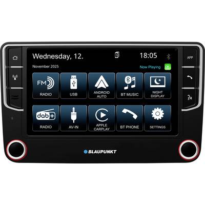 'Autoradio-display met datum, tijd en opties: FM Radio, USB, Android Auto, BT Muziek, Nachtmodus en meer.'