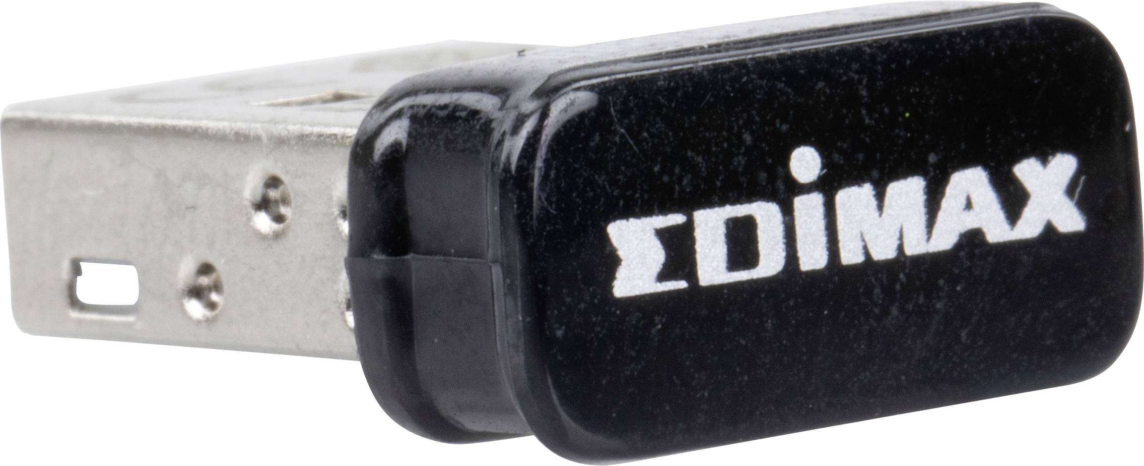 Een kleine USB-draadloze adapter met het merk 'EDIMAX' erop gedrukt, gebruikt om computers aan draadloze netwerken aan te sluiten.