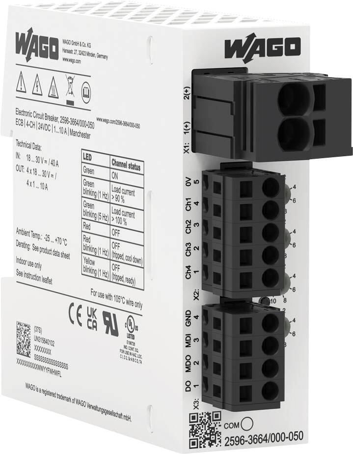 WAGO Ethernet-stroomonderbrekermodule weergegeven op productbak, met een zwart aansluitblok en afgedrukte LED-statustabel en bedrading-etiketten.