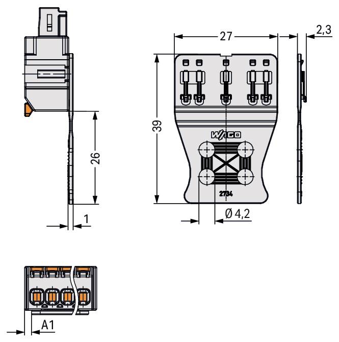 Technische tekening van een elektrische connector met gelabelde afmetingen: 27mm breedte, 39mm hoogte, 26mm diepte. Zijkanten en een doorsnede zijn inbegrepen.