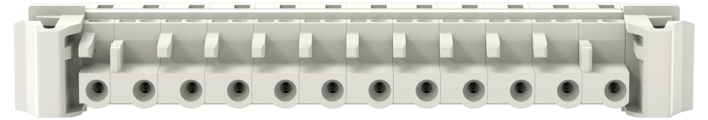 Een wit elektrisch aansluitblok met meerdere aansluitpunten, gebruikt voor bedrading en circuitverbindingen.