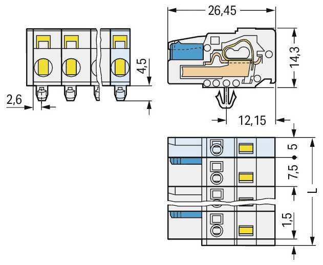 'Technisch diagram van een elektrische aansluitklem met afmetingen: 26,45 mm lengte, 14,3 mm hoogte en 12,15 mm diepte. Inclusief zij- en vooraanzichten.'