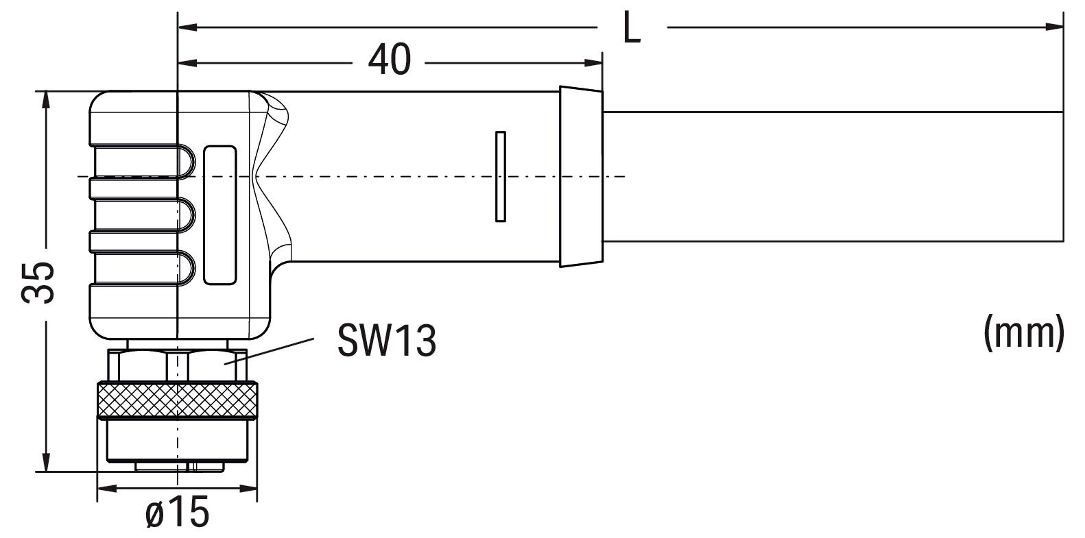 'Technische tekening van een mechanische component met afmetingen. Lengte (L) niet gespecificeerd, breedte 40mm, hoogte 35mm, diameter Ø15mm, sleutelwijdte SW13mm; labels in mm.'