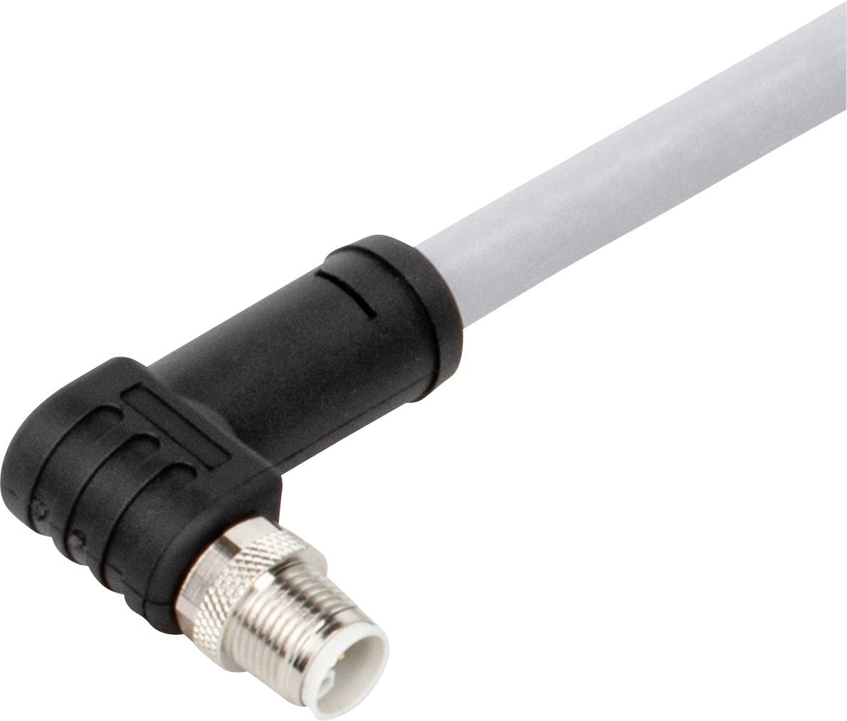 Een hoekige M12-stekker bevestigd aan een flexibele kabel, geschikt voor industrieel gebruik, vertoont een metalen schroefdraadsectie voor veilige verbindingen.