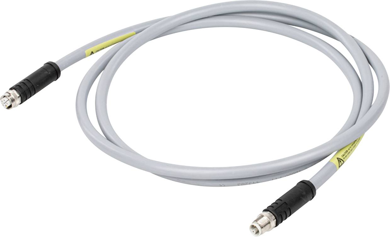 Een grijze coaxiale kabel met connectoren aan beide uiteinden, typisch gebruikt voor hoogfrequente signaaltransmissie in telecommunicatie.